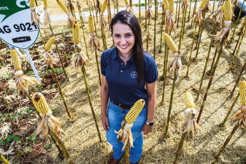 Natália Escobar, representante técnica de vendas da Agroceres, ressalta os híbridos em destaque. Foto Jackson Ciceri/ExpoRevista.